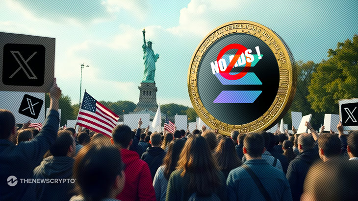 Crowd facing a digital billboard displaying Solana logo, symbolizing public reaction and online controversy.