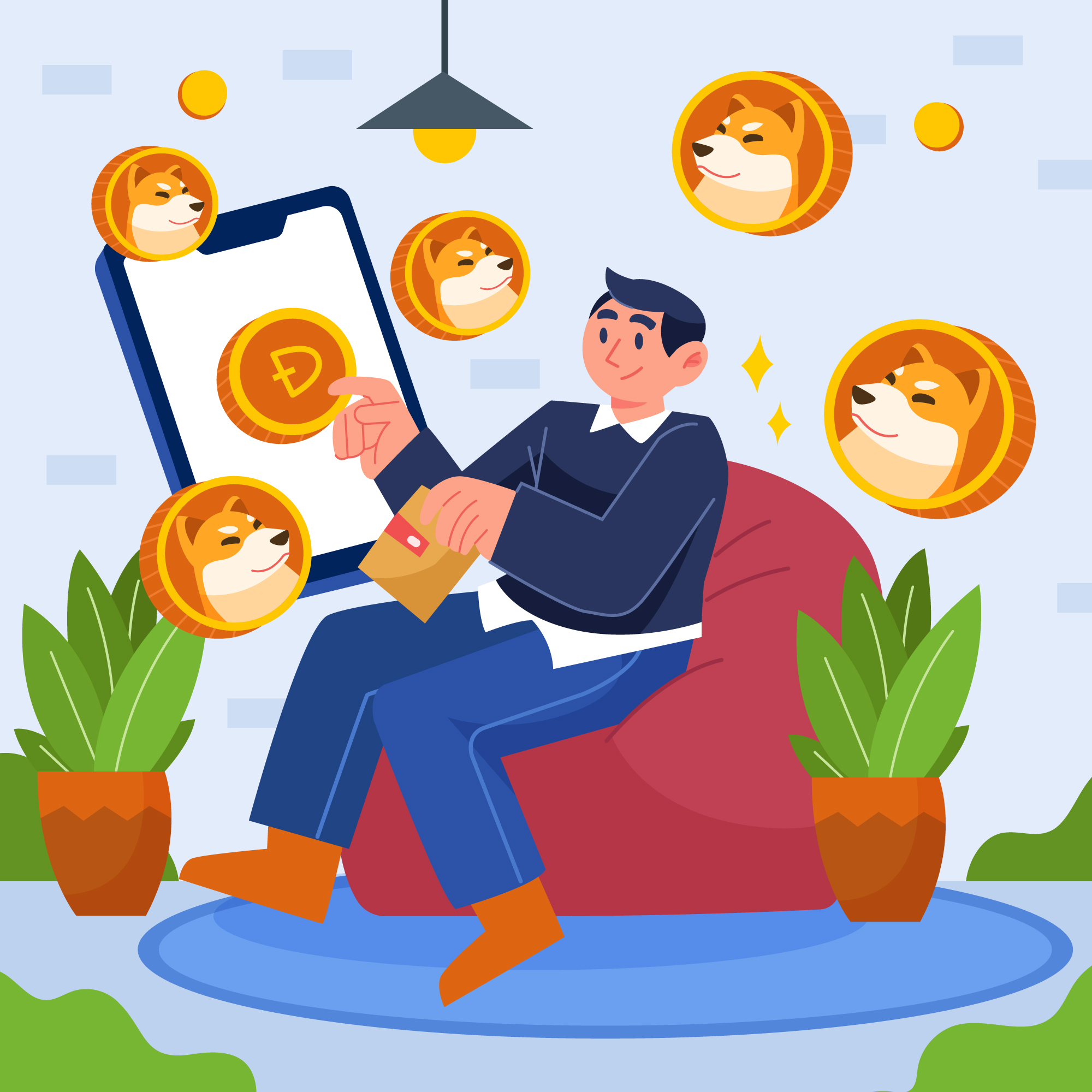 Illustration of a person sitting with a laptop surrounded by meme coins and cartoon-style crypto icons, representing the memecoin hype.