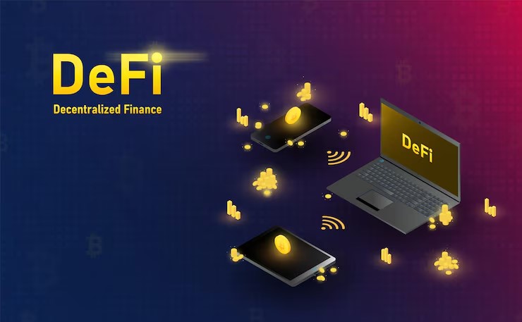 Blockchain network with tokenized real-world assets like real estate, stocks, and currencies moving through DeFi protocols, illustrating the transformation of traditional finance.
