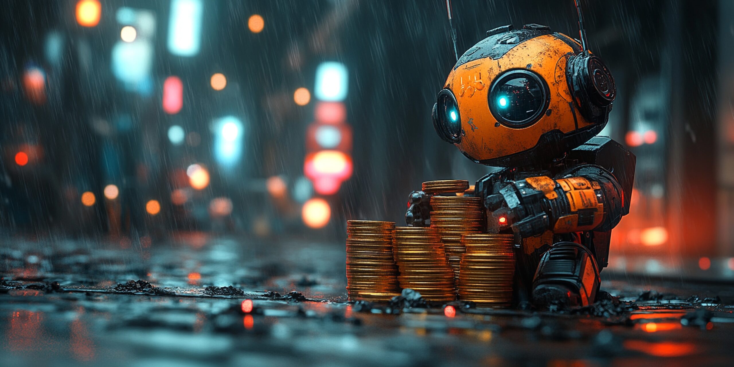 3D animated robot counting coins with a digital background, symbolizing AI-powered crypto portfolio management.