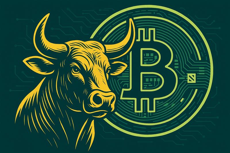 A stylized bullish illustration with a glowing Bitcoin symbol embedded in a powerful bull figure, symbolizing market optimism and economic momentum.