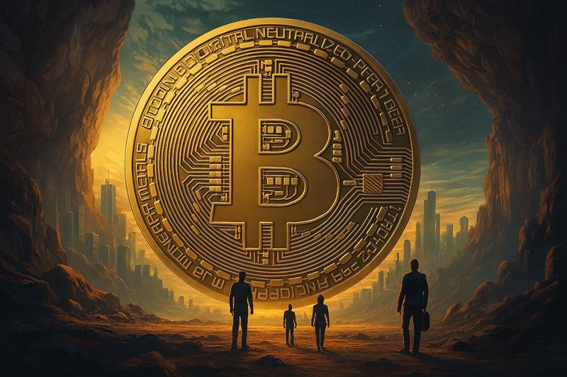 A golden Bitcoin illuminated like a monument in a dramatic cityscape, surrounded by shadows of people, symbolizing global market attention and economic momentum.