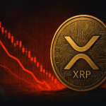 A golden XRP coin stands boldly against a dark backdrop of swirling smoke and red candlestick charts, symbolizing intense market selloff and crypto volatility.