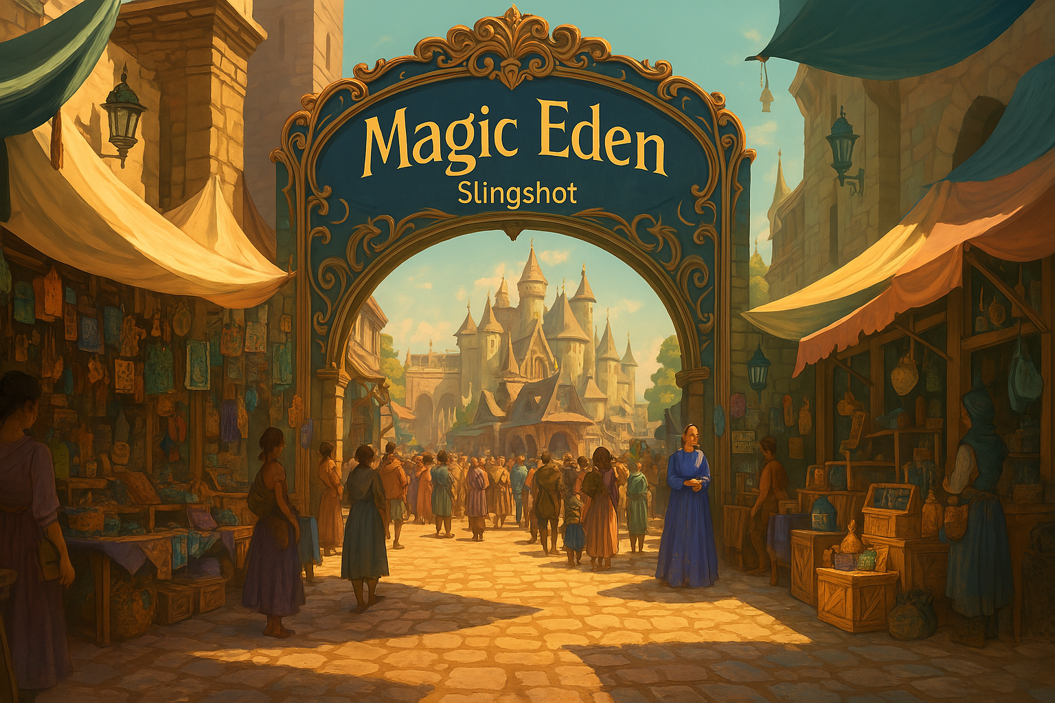 A vibrant digital illustration of a bustling fantasy marketplace beneath a grand archway labeled "Magic Eden Slingshot," symbolizing expansion and innovation in crypto trading.