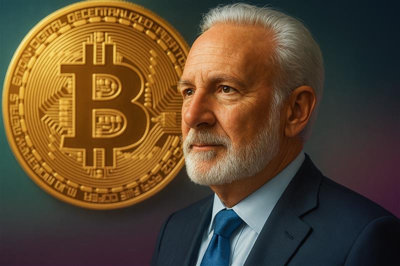 Peter Schiff beside Bitcoin symbol, highlighting his prediction of a crypto collapse during 2025 financial turmoil