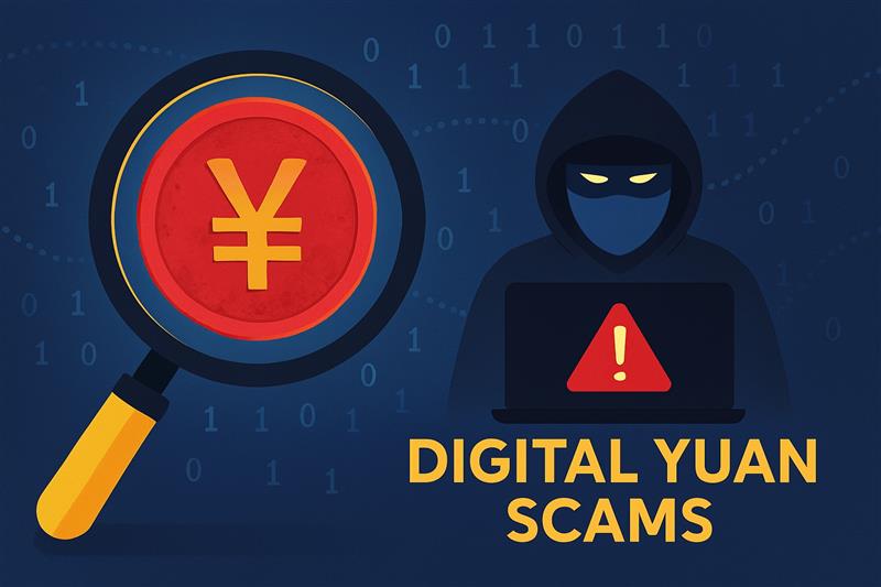 Illustration of a masked scammer with digital yuan symbols, warning against fake e-CNY bank schemes exposed by PBOC