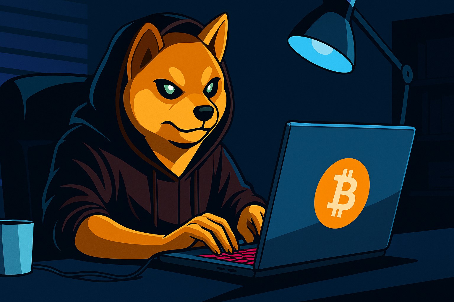 A tense Shiba Inu mascot stands at the edge of a crumbling crypto chart, symbolizing uncertainty and fear of a major price collapse.