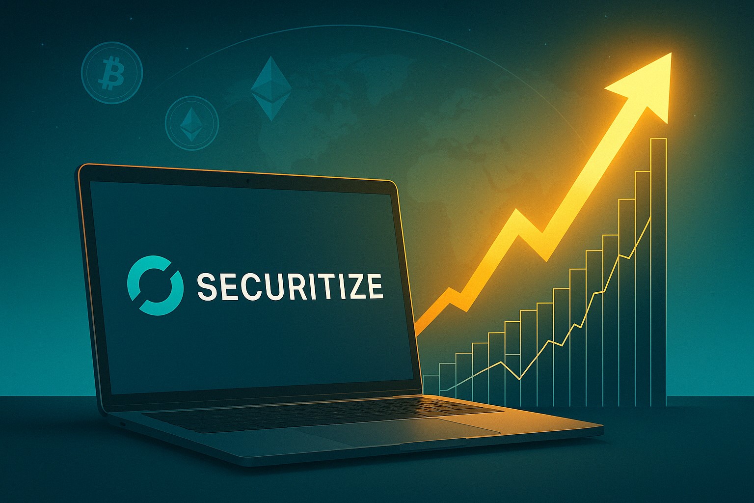 Securitize logo expanding over digital asset fund visuals with MG Stover branding, symbolizing consolidation in tokenized fund administration.