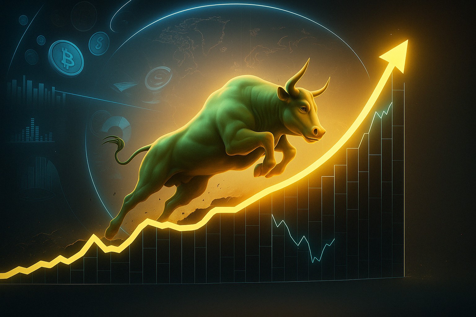 Crypto bull charging past a cheering crowd, with Best Wallet glowing like a ticket in hand, symbolizing easy access to the market rally.