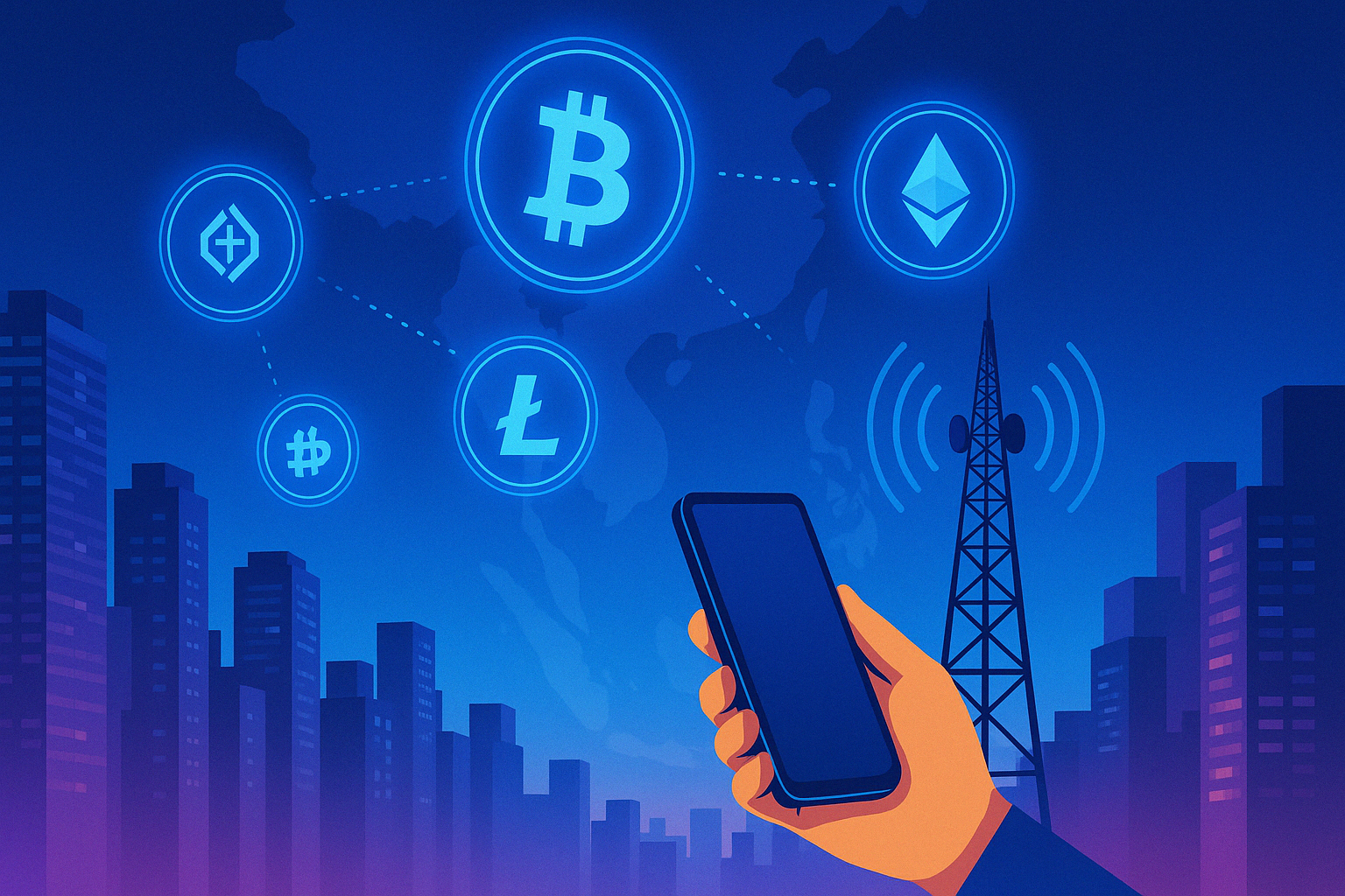 A futuristic illustration of Southeast Asia’s skyline showing a hand holding a smartphone connected to a telecom tower, with glowing cryptocurrency icons like Bitcoin and Ethereum floating over a digital map, symbolizing mass blockchain adoption via mobile networks.