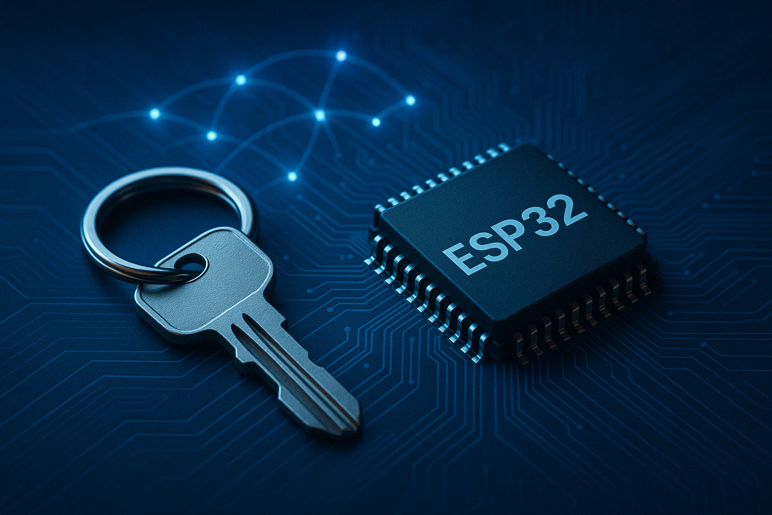 A close-up digital rendering of a silver key placed beside an ESP32 microcontroller chip on a blue printed circuit board, illuminated by a glowing web of connected nodes, symbolizing the critical link between hardware security and private key protection in IoT and crypto devices.