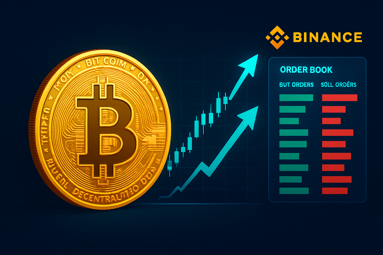 A golden Bitcoin coin stands in front of a bullish candlestick chart, with Binance order book visuals showing increasing buy orders—symbolizing rising momentum and potential breakout signals.