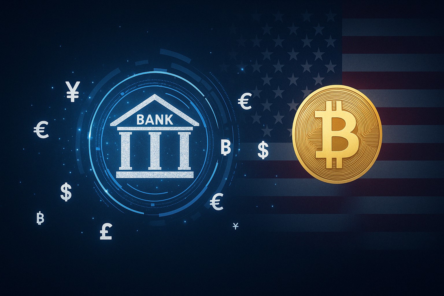 Deutsche Bank and Standard Chartered logos rising over a U.S. flag with blockchain and regulatory icons, signaling renewed crypto expansion efforts under evolving policy conditions.