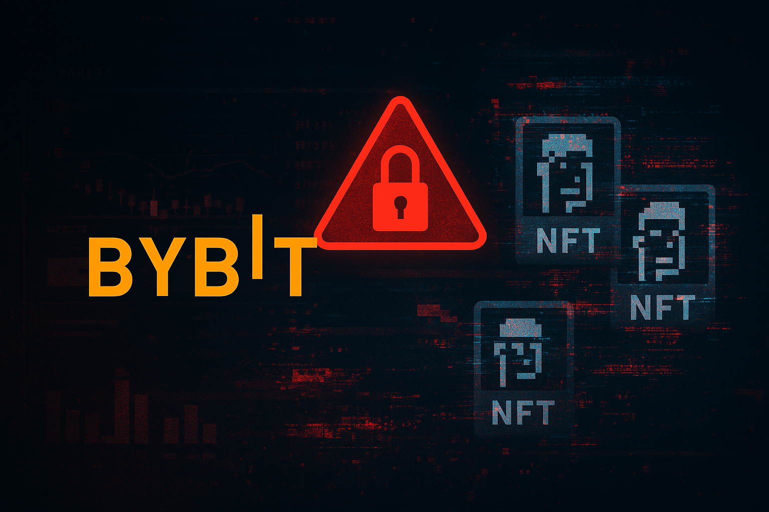 Digital screen showing Bybit logo with red warning symbols and cybersecurity icons, indicating a system breach.