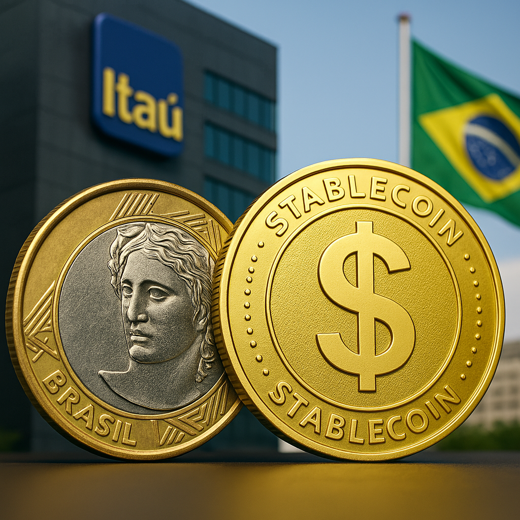 Brazilian real and digital dollar coins in front of Itaú Unibanco building, representing stablecoin plans in Brazil.