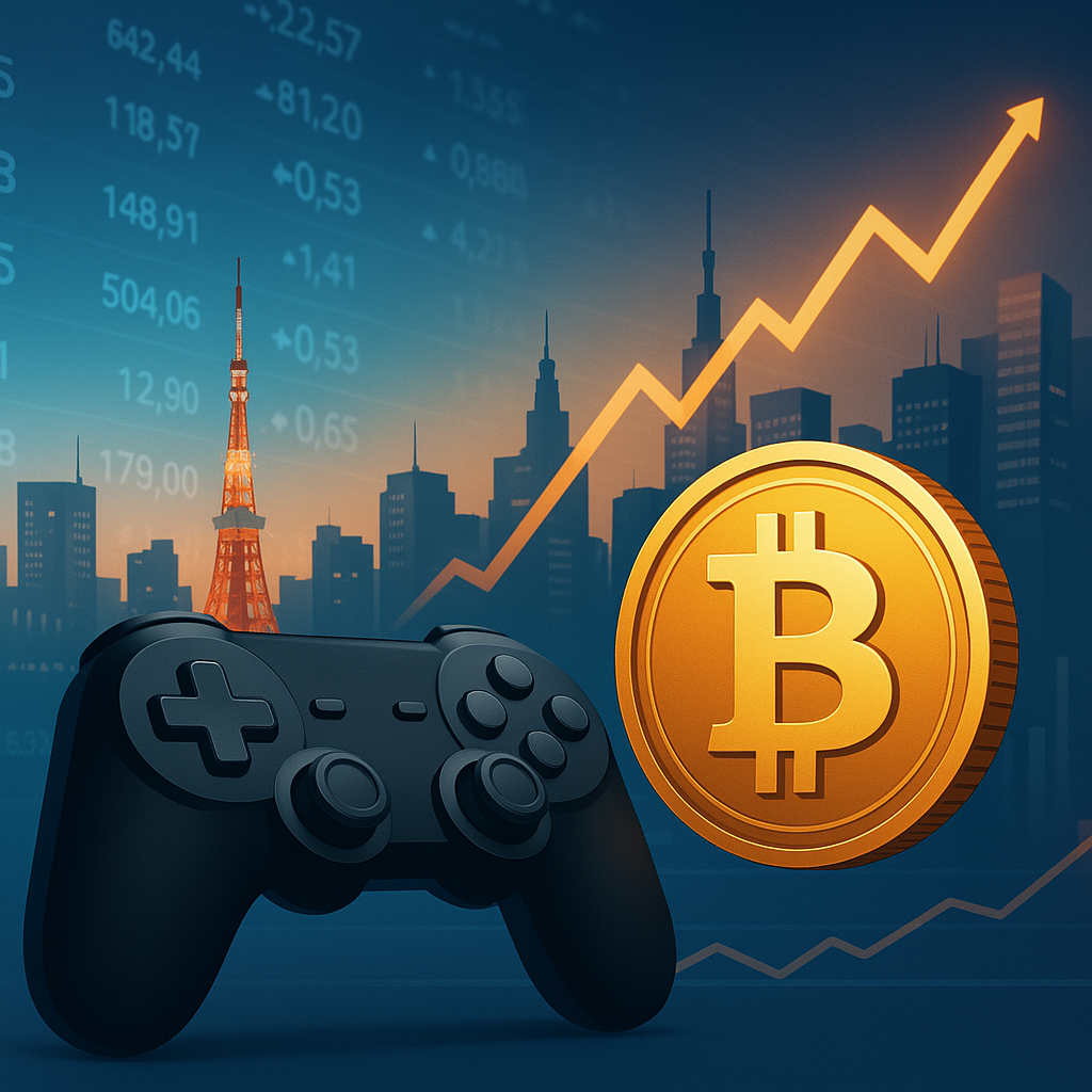 Game controller with Bitcoin symbol and upward price chart in the background, representing a gaming company investing in crypto.