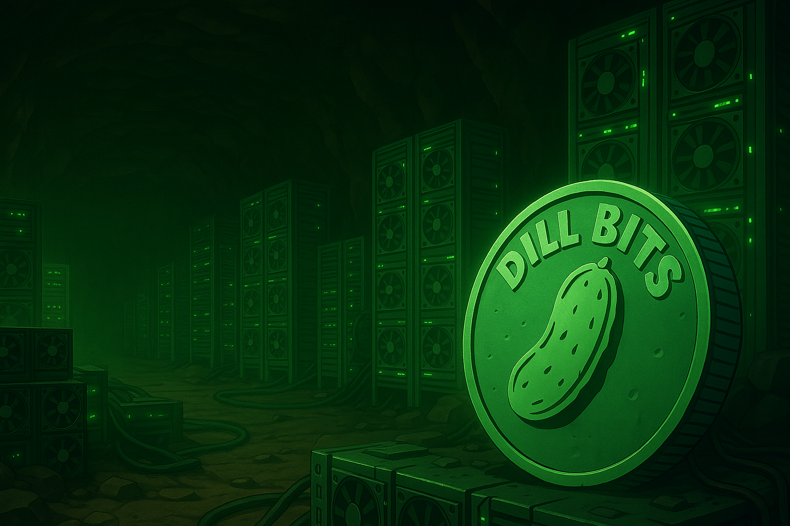 A futuristic armored character standing in a glowing green underground crypto mining cave, featuring a large Dill Bits coin, set in a game-like environment without any text.