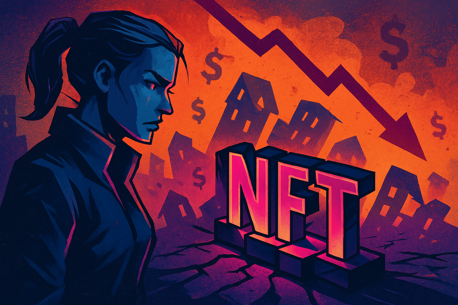 Futuristic female figure stands before a collapsing NFT tower with a red downward graph in a cyberpunk cityscape, symbolizing the NFT market crash.