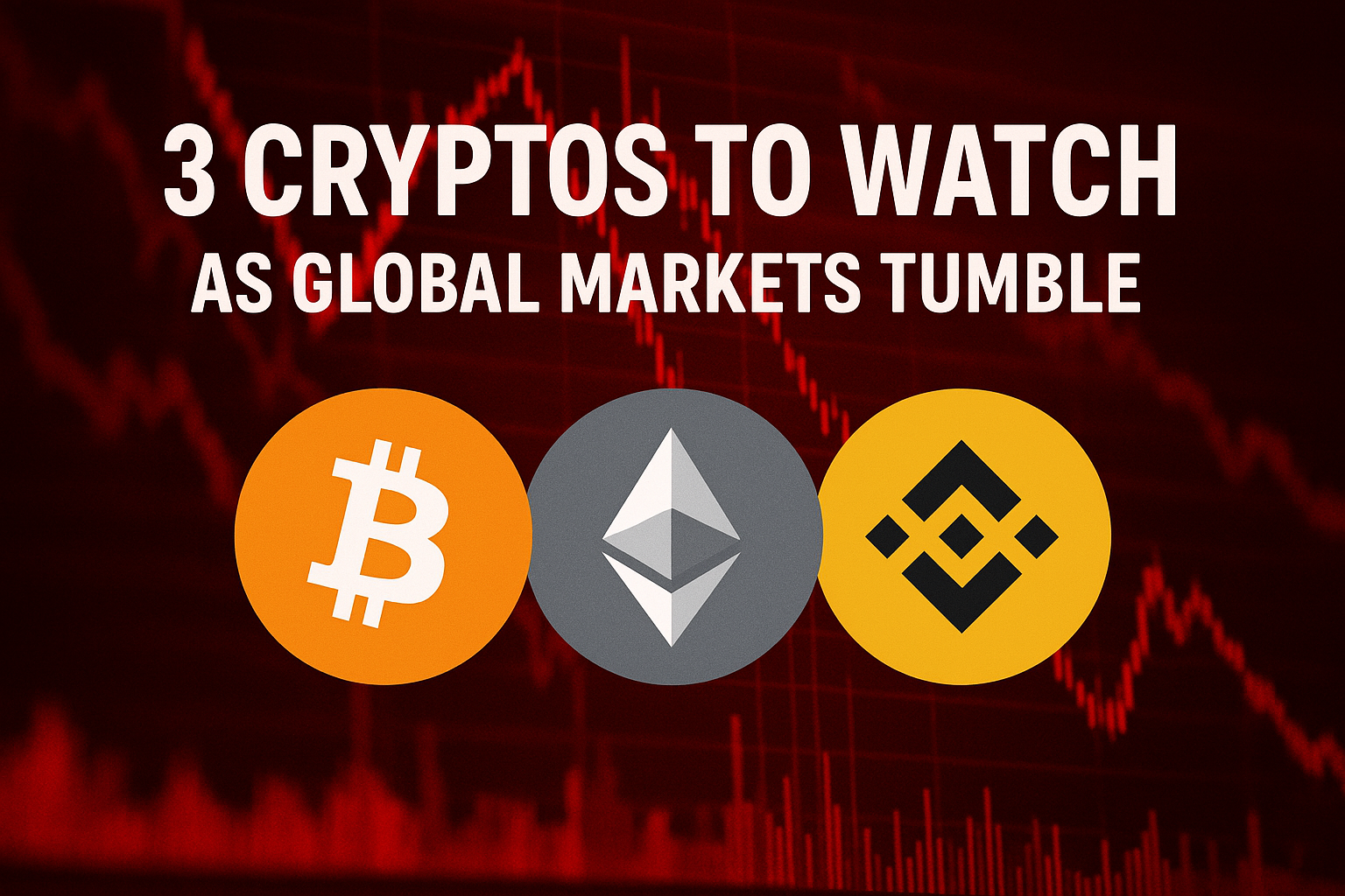 Bitcoin, Ethereum, and Binance logos in front of a red declining market chart with the headline '3 Cryptos to Watch as Global Markets Tumble'.