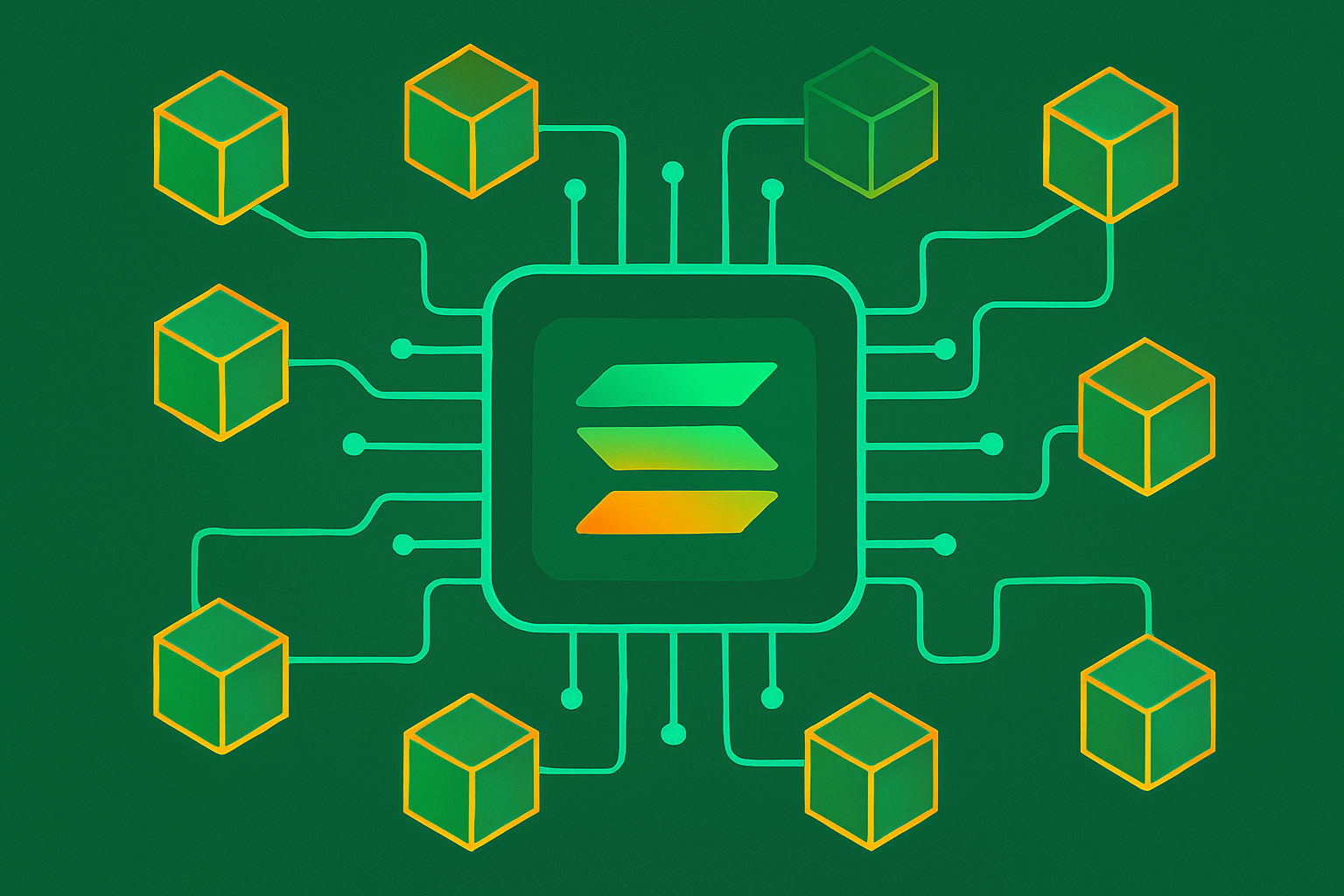 Modern digital artwork of the Solana blockchain featuring a glowing cyan microchip, interconnected neon-green and orange elements, and a dark green tech-themed background with subtle texture.
