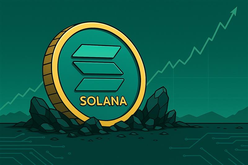 Solana logo above rising chart line with futuristic cityscape, symbolizing price rebound and growth potential