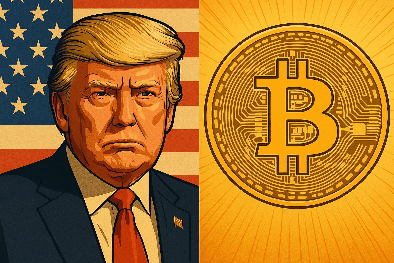 A stylized digital illustration showing Donald Trump in front of the American flag on the left, and a glowing Bitcoin coin on the right, symbolizing political influence on cryptocurrency markets.