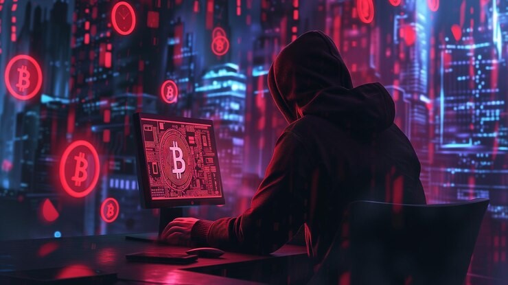 North Korean cyber actor behind a computer screen with fake U.S. company logos, targeting crypto developers—highlighting deceptive hacking tactics revealed in new report.