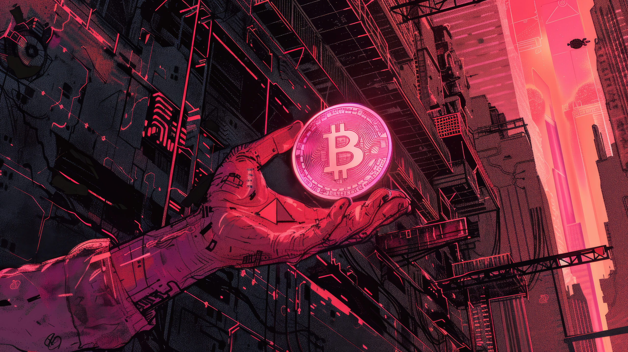 Cyberpunk-style Bitcoin illustration set against a red-toned, digital backdrop symbolizing market volatility and global panic.