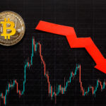 Bitcoin with a red downward arrow and a market chart, representing investment pause and economic volatility