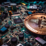 Digital circuit board with a Bitcoin symbol, representing technological progress and cryptocurrency mining.