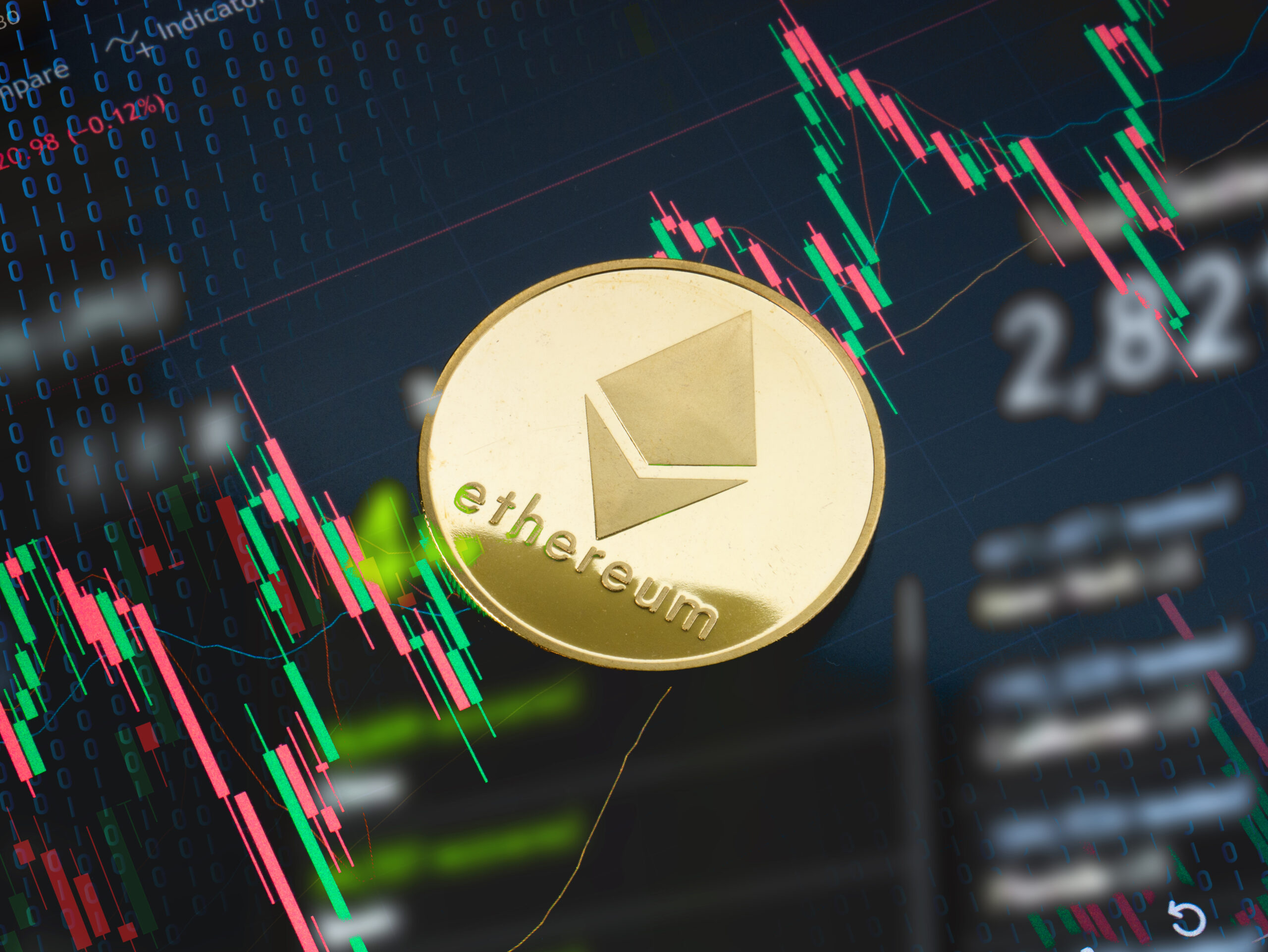 A digital Ethereum coin floating above a candlestick chart with red and green indicators, symbolizing price volatility, market recovery potential, and macroeconomic pressure.
