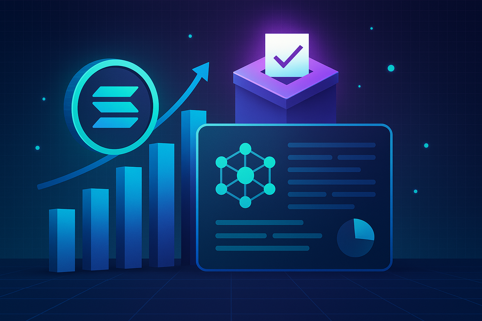 Futuristic digital illustration showing Solana symbol with bar chart growth, network diagram, and ballot box, representing validator expansion and governance involvement.