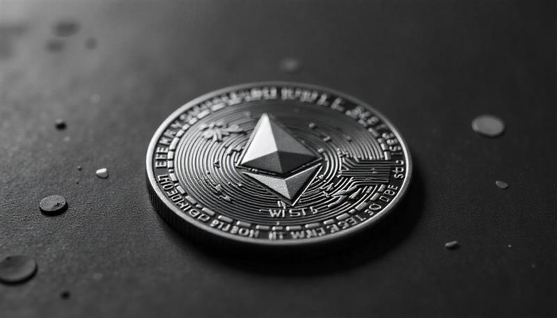 Close-up of a silver Ethereum coin on a dark wet surface, reflecting regulatory clarity and renewed investor interest following ETF approval.