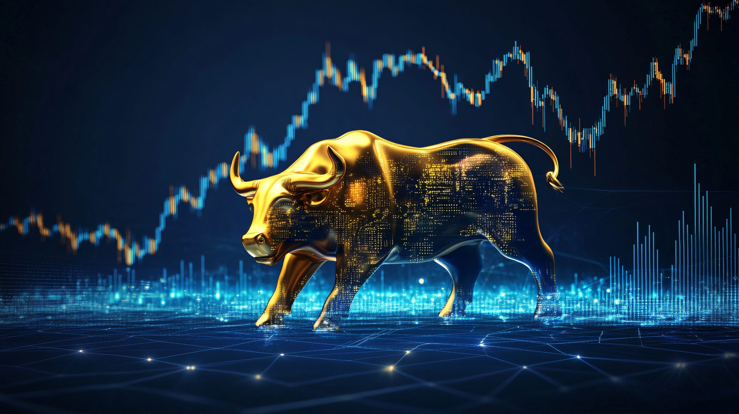 Nasdaq and Bitcoin charts rising together with fading trade tension symbols in the background, representing renewed investor confidence.