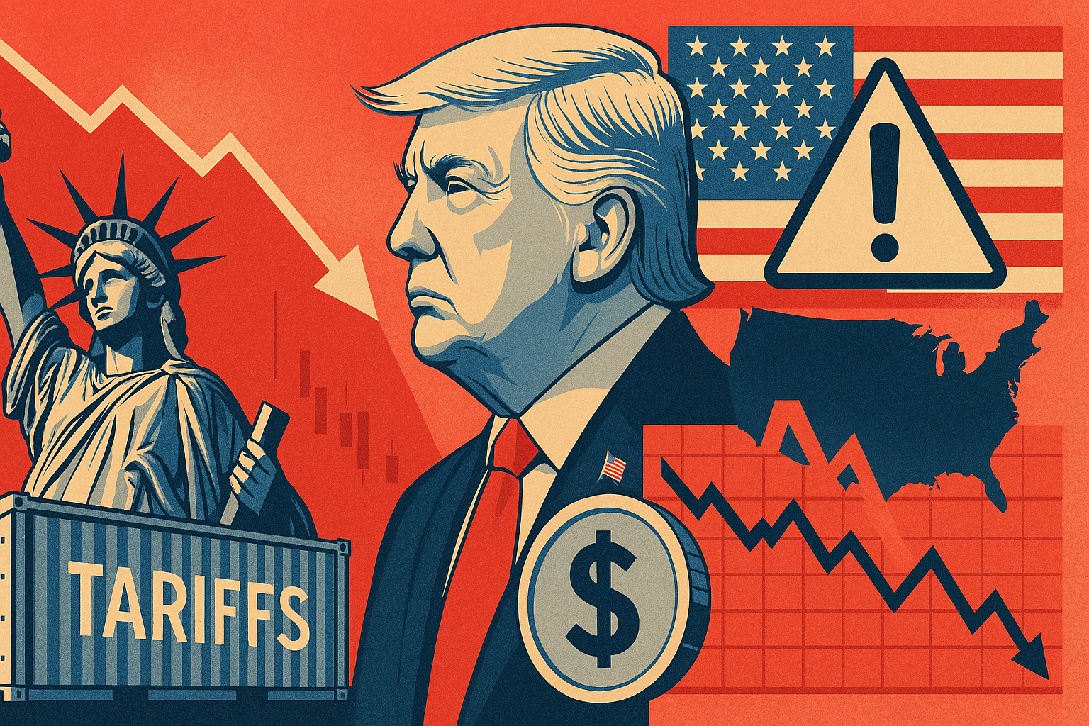 Illustration featuring the Statue of Liberty, a profile of Donald Trump, a U.S. flag with a warning symbol, shipping containers, a stock market graph, and a dollar coin, symbolizing economic tension and recession concerns.