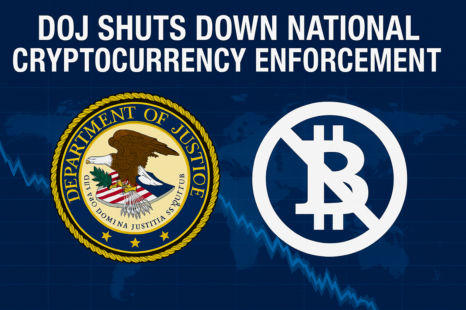 Digital news graphic showing the U.S. Department of Justice seal and a prohibited Bitcoin symbol, representing the shutdown of the National Cryptocurrency Enforcement Team (NCET).