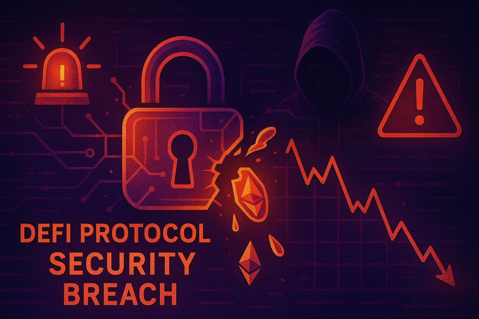 Graphic showing DeFi protocol security breach alert with warning icons and declining crypto chart.