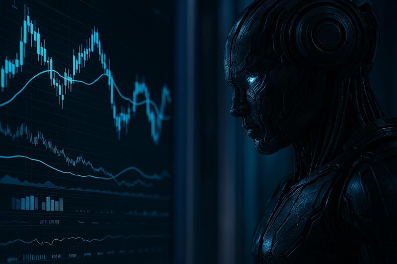 Silhouetted figure with glowing data charts and memecoin icons, representing a market surge sparked by geopolitical policy changes.