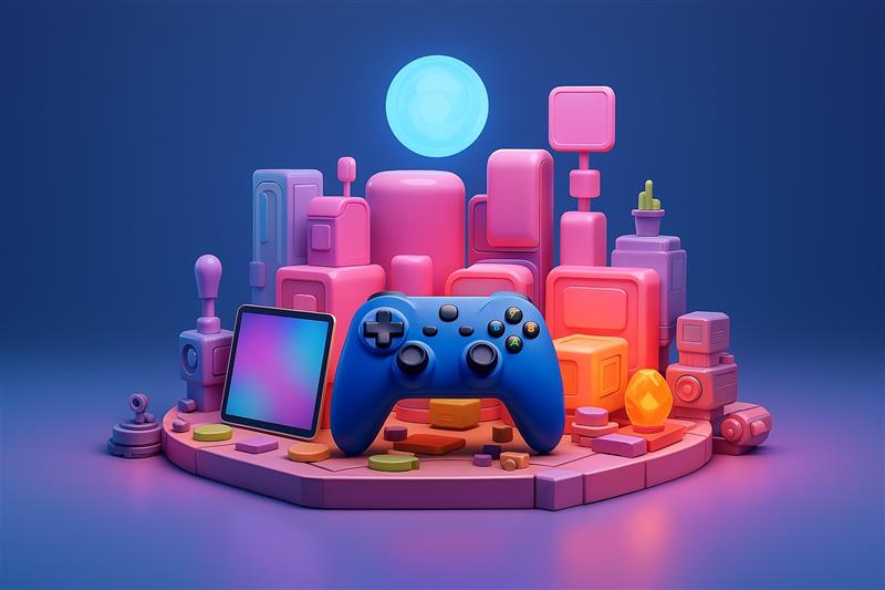 Colorful Web3 gaming console on a futuristic stage, representing rising deal activity amid capital constraints in the blockchain gaming space.