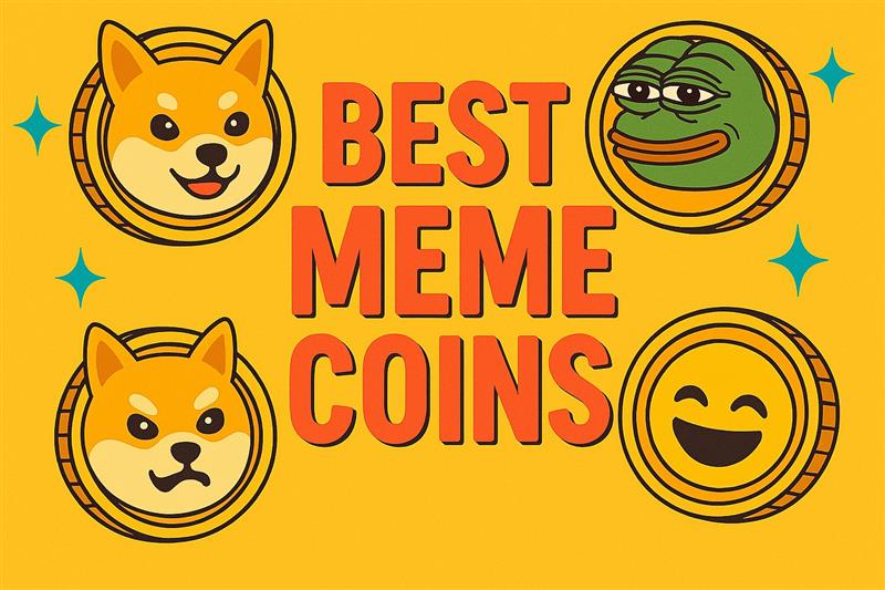 Cartoon-style icons of Dogecoin, Pepe, and other meme tokens with the title "Best Meme Coins" on a bright orange background