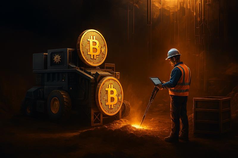 Worker operating mining rig in a glowing Bitcoin-themed chamber, symbolizing Arizona’s push for legalizing home-based crypto mining.