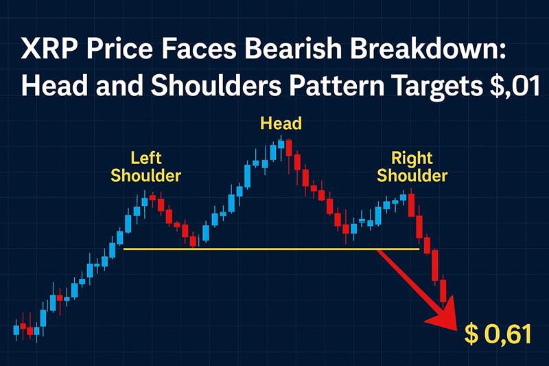XRP price chart showing head and shoulders pattern with projected target of $0.61 marked by a red downward arrow