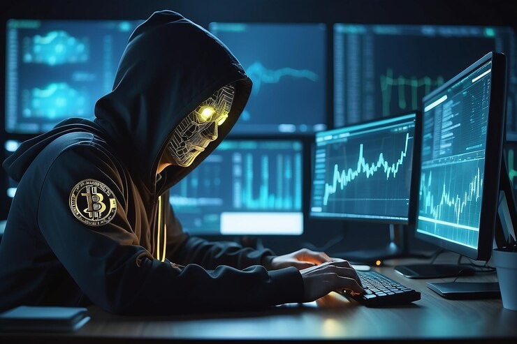 Hooded figure analyzing digital charts on a computer, symbolizing efforts to combat crypto fraud through enhanced regulatory oversight in Illinois.
