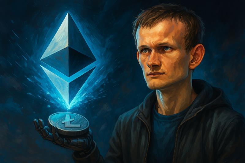Vitalik Buterin standing beside a glowing Ethereum symbol, representing his leadership in navigating security debates around Ethereum upgrades.