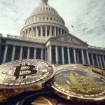 Rep. Maxine Waters presenting the “Stop Crypto Corruption” bill with $TRUMP token imagery and Trump visuals, highlighting concerns over political-crypto entanglements.