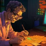 Jim Chanos positioned between falling Strategy stock and rising Bitcoin chart, symbolizing his surprising pivot to BTC despite shorting Bitcoin-related equities.