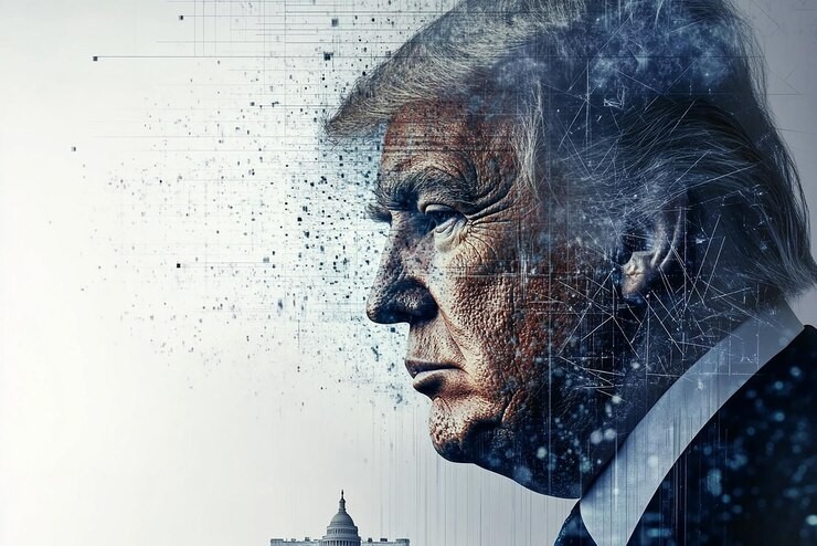 Trump Media branding with a $3B crypto fund graphic and ethics alert icons, symbolizing concerns over political influence and potential conflicts in digital asset funding.