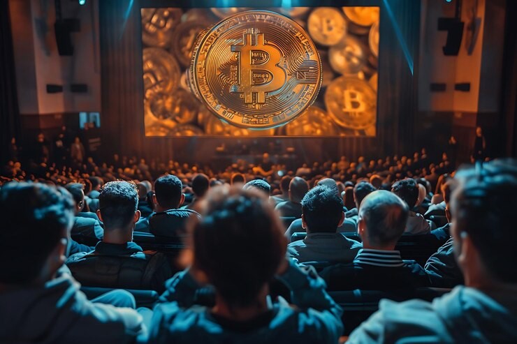 Eric Trump alongside glowing crypto icons and a crumbling bank pillar, symbolizing his prediction of digital assets overtaking traditional finance.