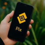 Binance Pay and Pix logos connected with lightning-fast transaction visuals over a Brazil map, representing real-time crypto payments transforming the local financial ecosystem.