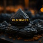 BlackRock logo ascending a Bitcoin leaderboard chart, just below a silhouetted Satoshi Nakamoto figure, symbolizing its position as the second-largest BTC holder.